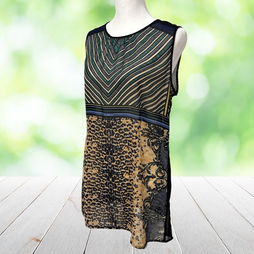 CABI Tunic Top Mixed Print Leopard Baroque Stripe Sheer Chiffon Glam Size M